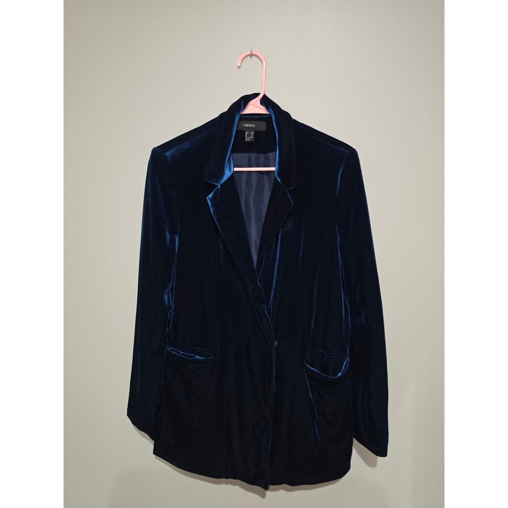 Forever 21 Womens Navy Blue Velvet Blazer Jacket Size Medium Single Button Front